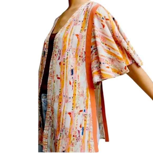 Anthropologie Floreat | Orange & Ivory Striped Boho Kimono Sleeve Top One Size - Picture 7 of 15